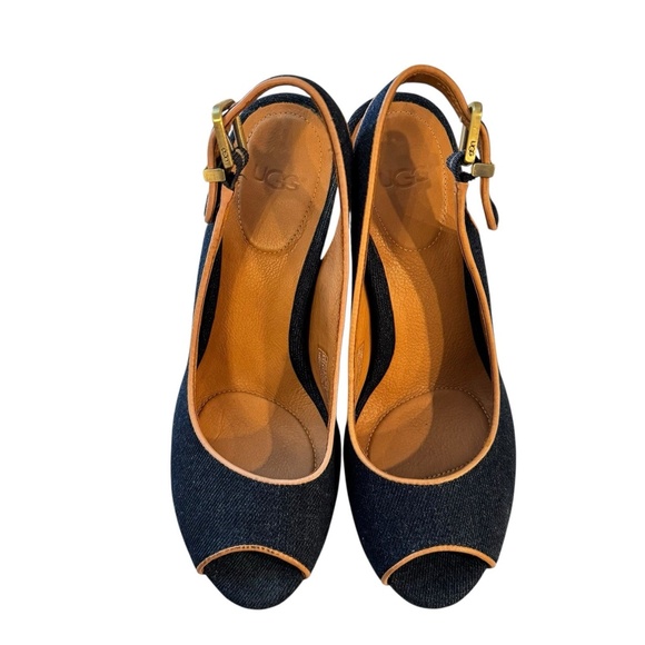UGG Slingback Pumps Heels Peep Toe Shoe Blue Denim Brown Leather Womens Size 6.5 - Picture 8 of 12